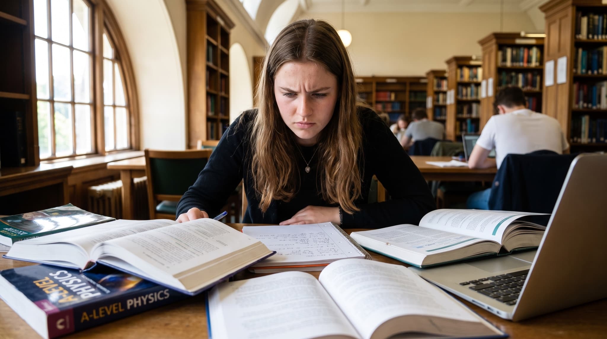 A sixth-form leaver studies independently in a library with A-level textbooks and a laptop