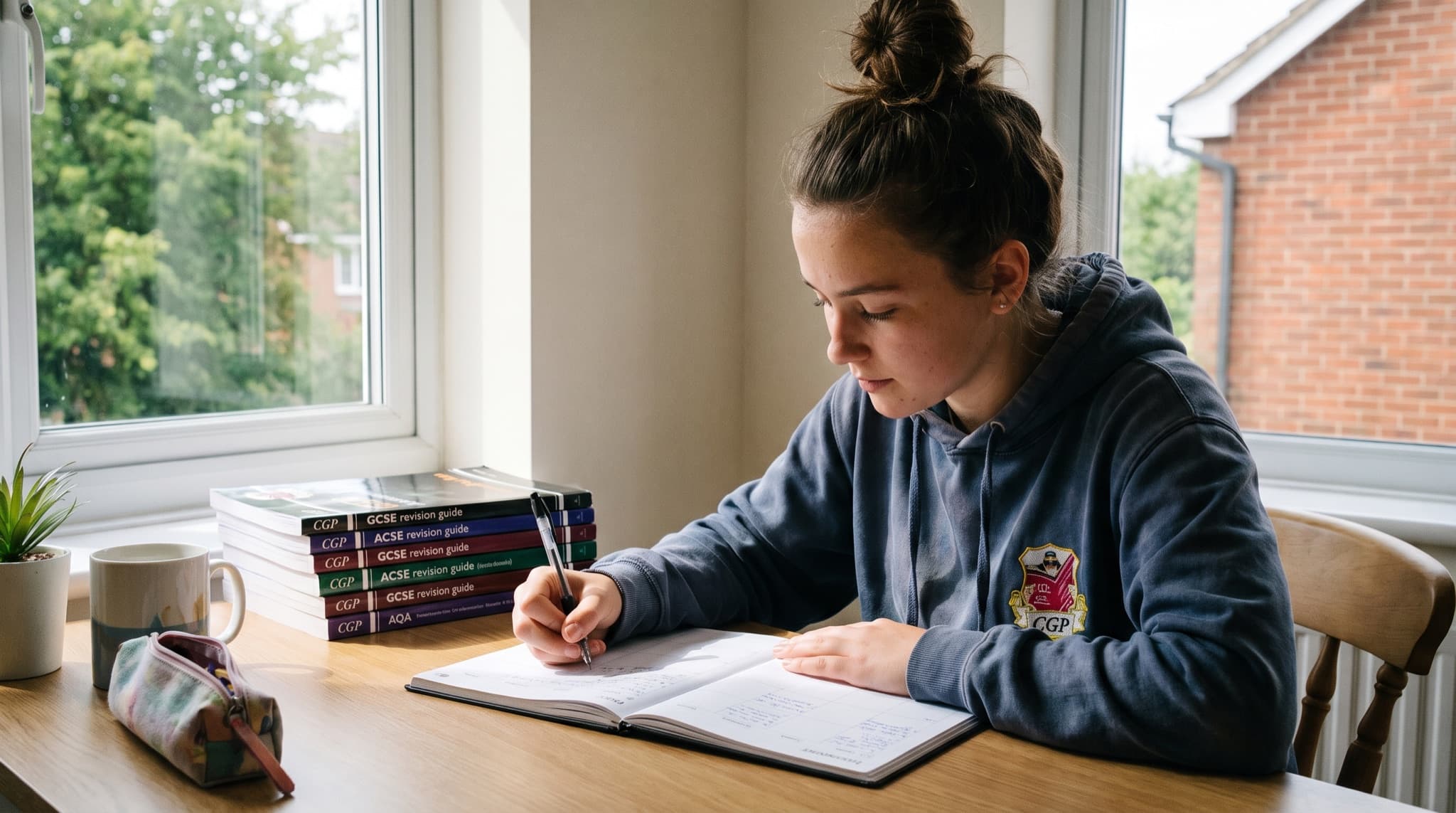 A student writes a fresh weekly study timetable into a planner beside a stack of revision guides