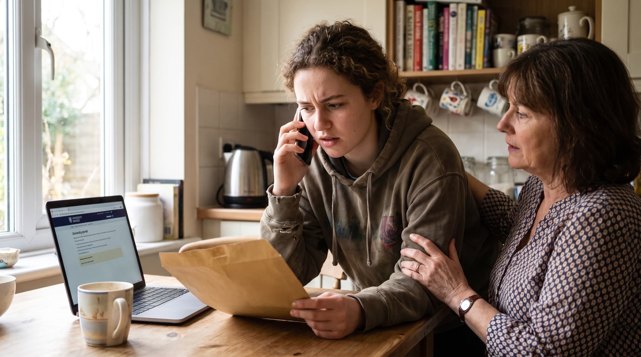 A British sixth-form student on the phone to a university on A-level results morning, her mother beside her at the kitchen table with her results letter and a laptop
