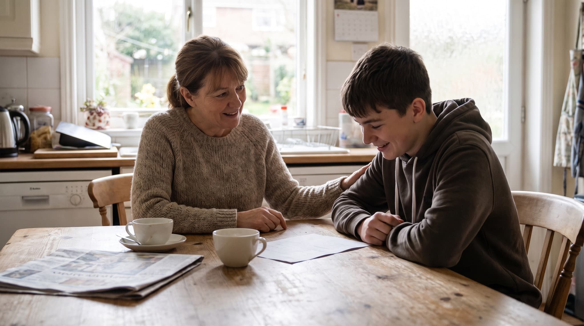 A parent and teenager read a GCSE results slip together at the kitchen table, planning the next step