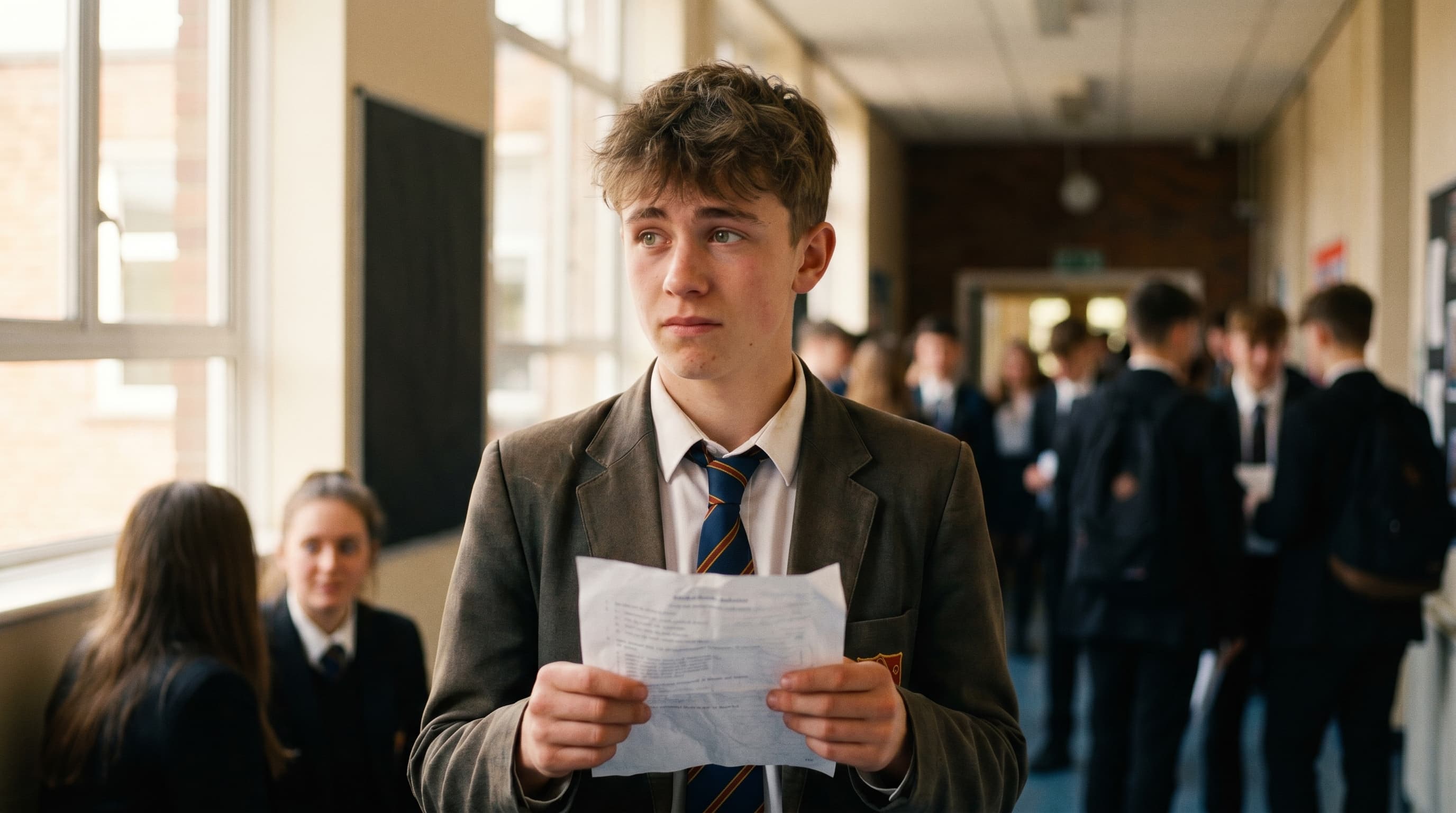 A Year 11 student in school uniform stands in a corridor just after walking out of GCSE Maths Paper 1, looking at the camera with a mixture of relief and quiet anxiety.