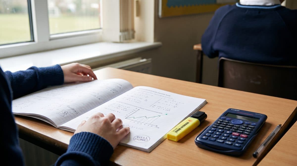 A student working through GCSE maths problems with a calculator and highlighter, progressing from grade 4 to grade 7