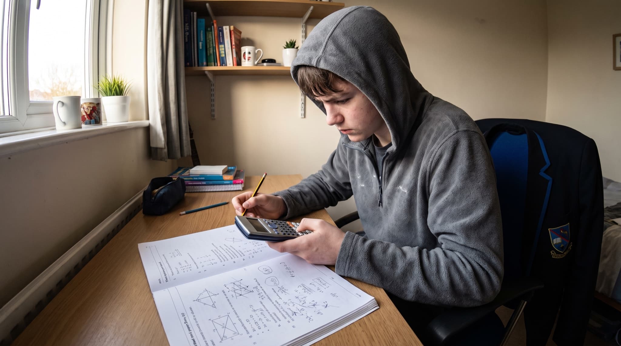 A GCSE student working through a maths past paper at a desk with a calculator, corrections visible in pencil