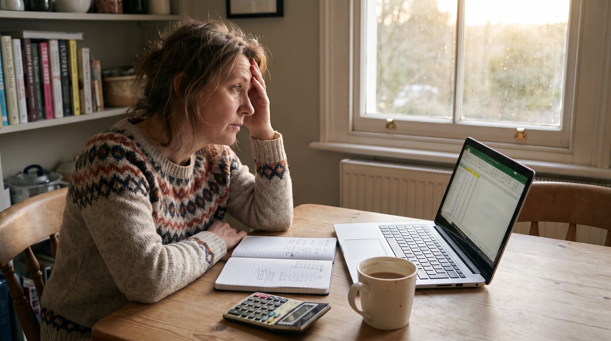A parent works out the family tutoring budget at a kitchen table with a notebook and calculator