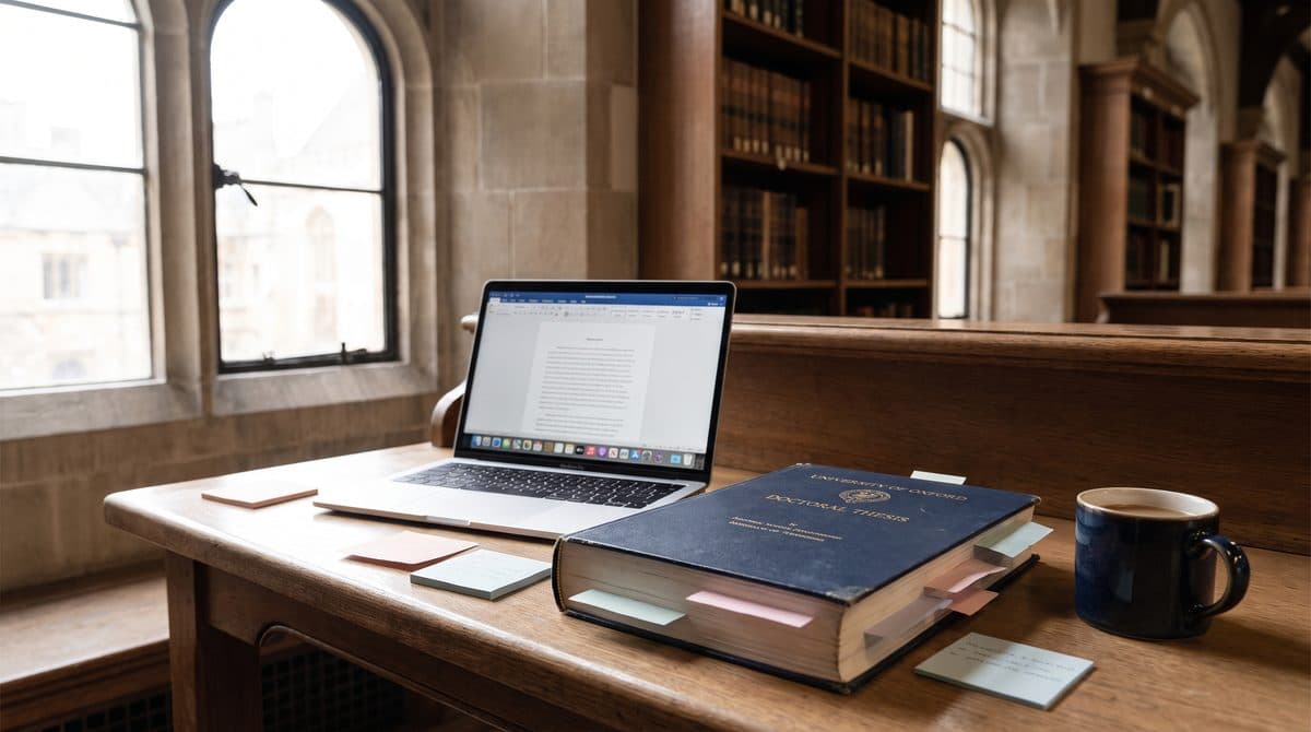 A university student's laptop and dissertation notes on a library desk, weighing whether a dissertation tutor is worth it