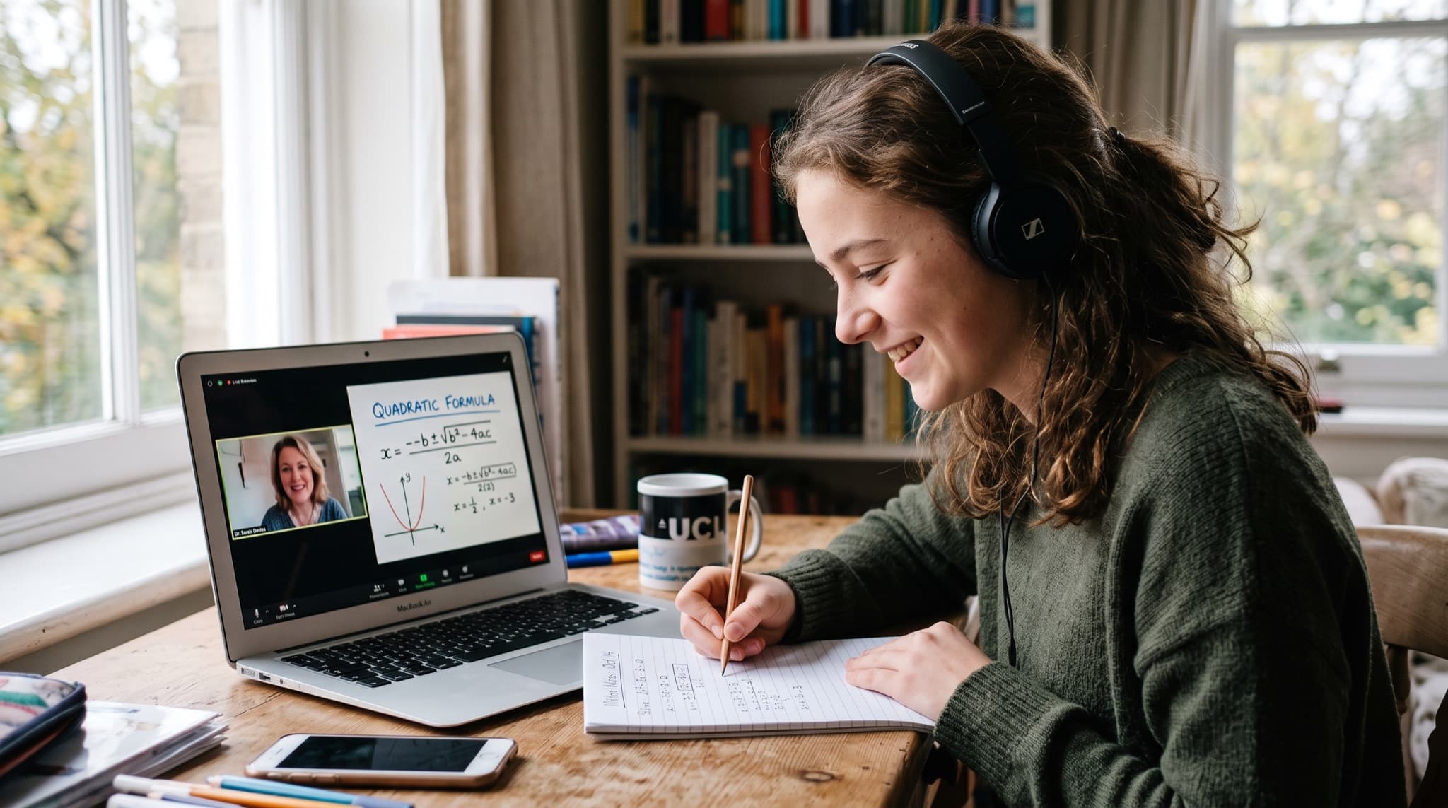 A student solves a maths problem confidently during a live online lesson with a tutor on screen