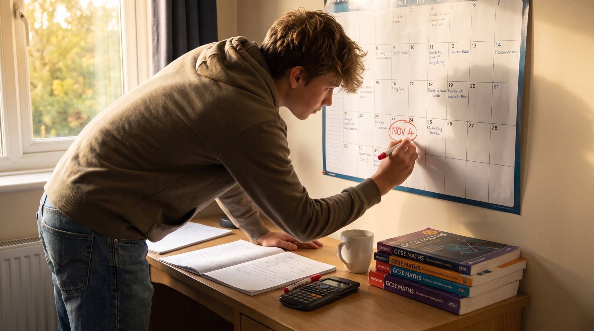 A student circles the November exam dates on a wall planner beside a stack of GCSE maths revision books