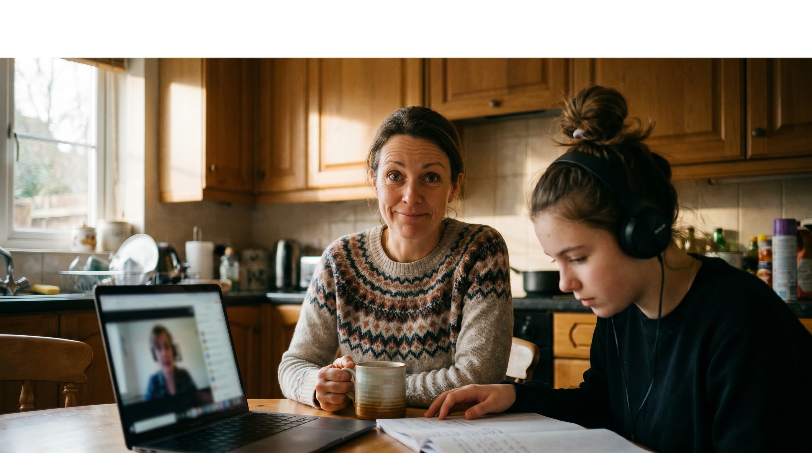 A British mother and her teenage daughter at their kitchen table — the mother looking at the camera with a small surprised smile, the daughter beside her looking at a laptop showing a video tutoring session.