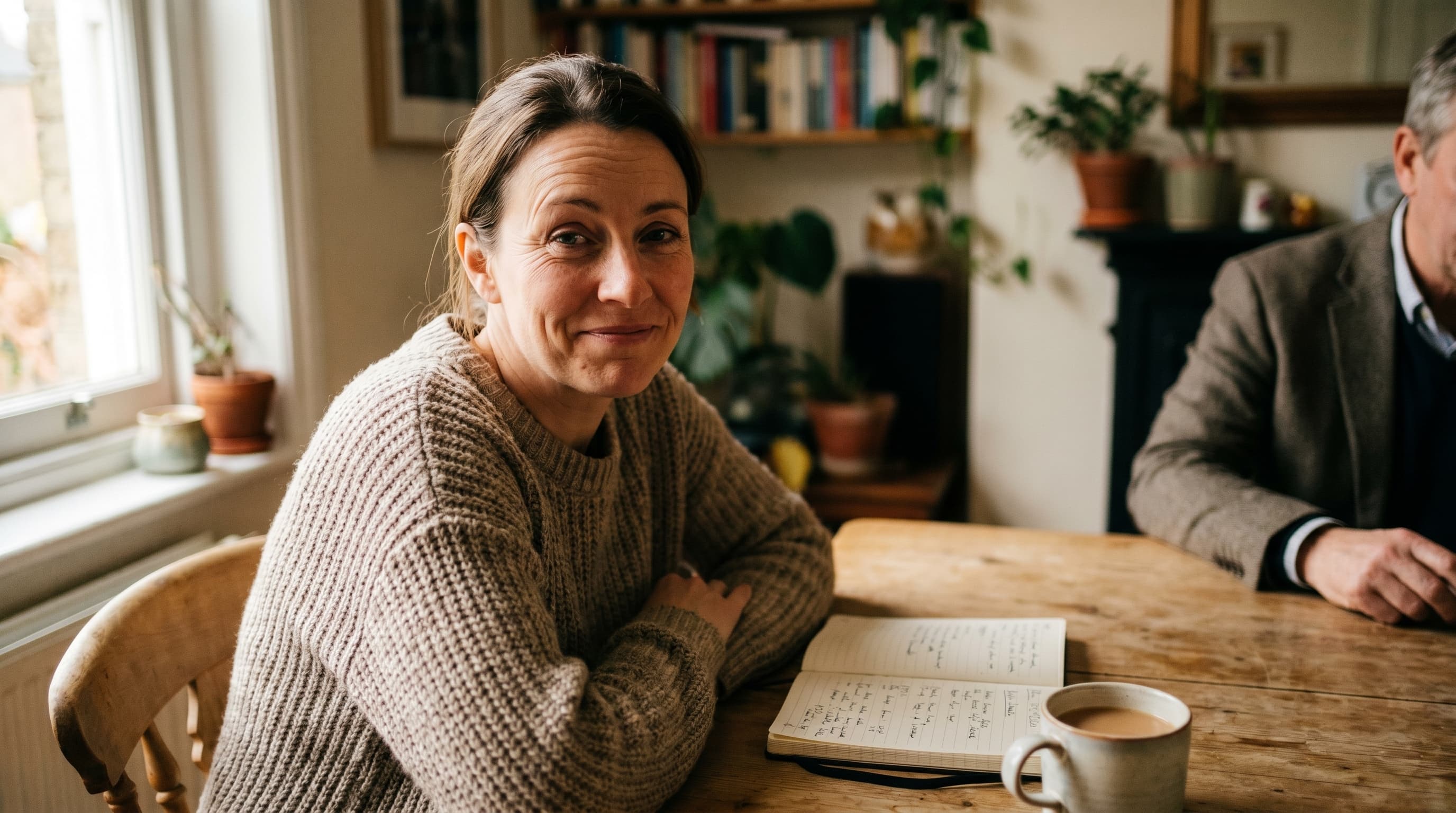 A British mother in her early 40s at her kitchen table looks directly at the camera with a knowing, weary expression. A male tutor sits across from her in soft focus.