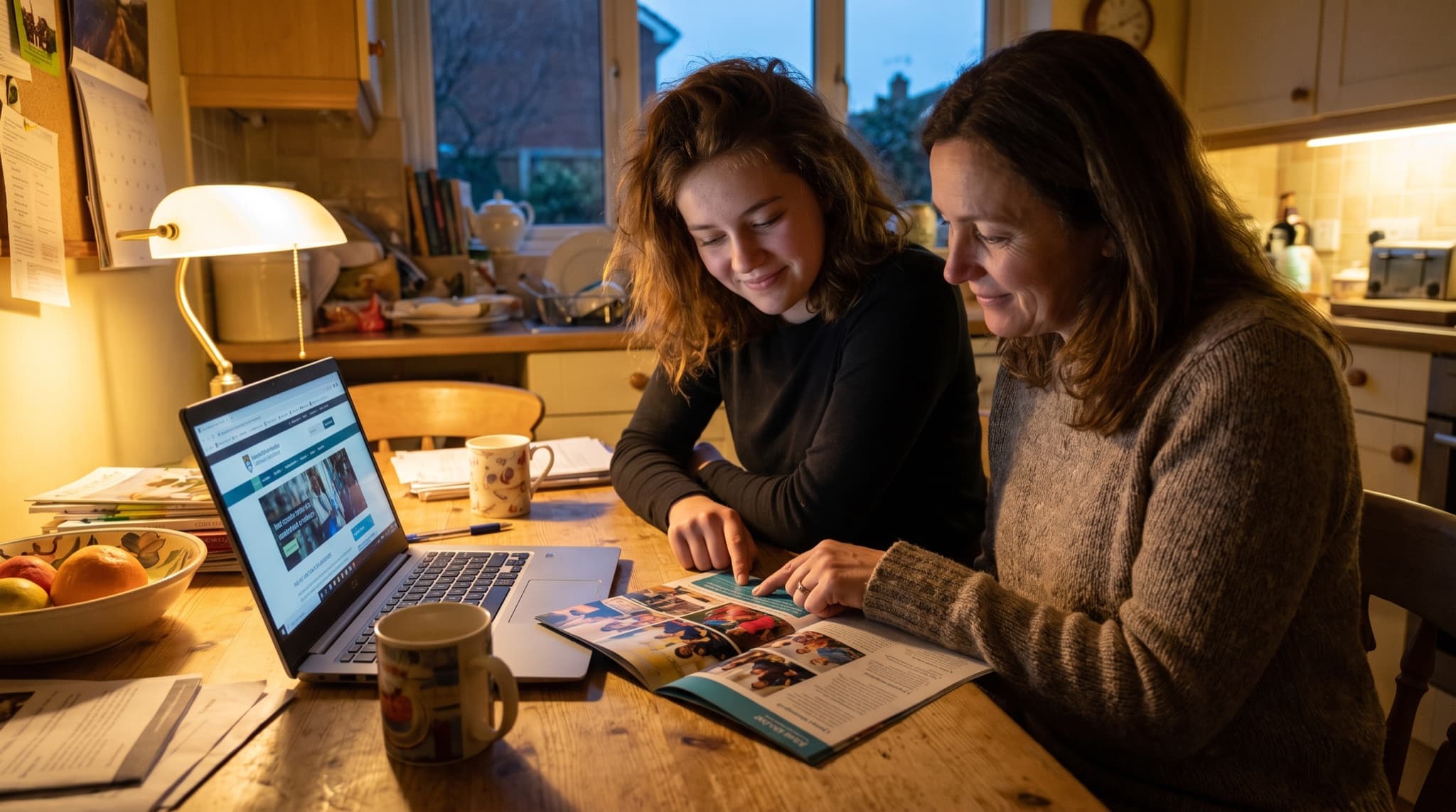 A British teenager and her mother reviewing a sixth-form prospectus and laptop together at the kitchen table in the evening