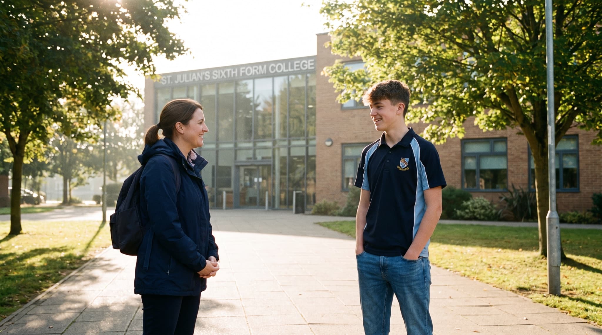 A teenager and parent talk outside a sixth form college on a late summer morning
