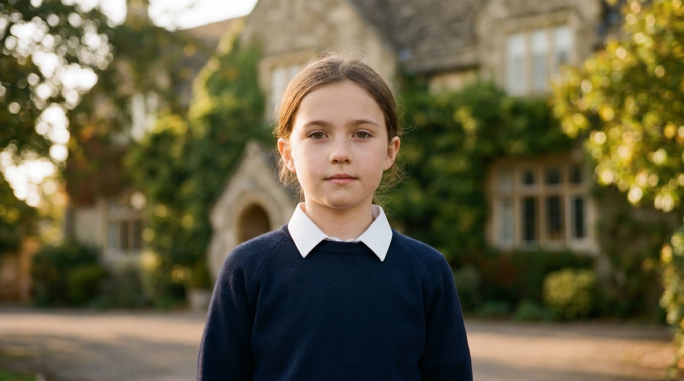 A 10-year-old British girl in a navy school jumper stands in front of a historic UK grammar school building bathed in golden-hour light, looking directly at the camera with quiet determination.