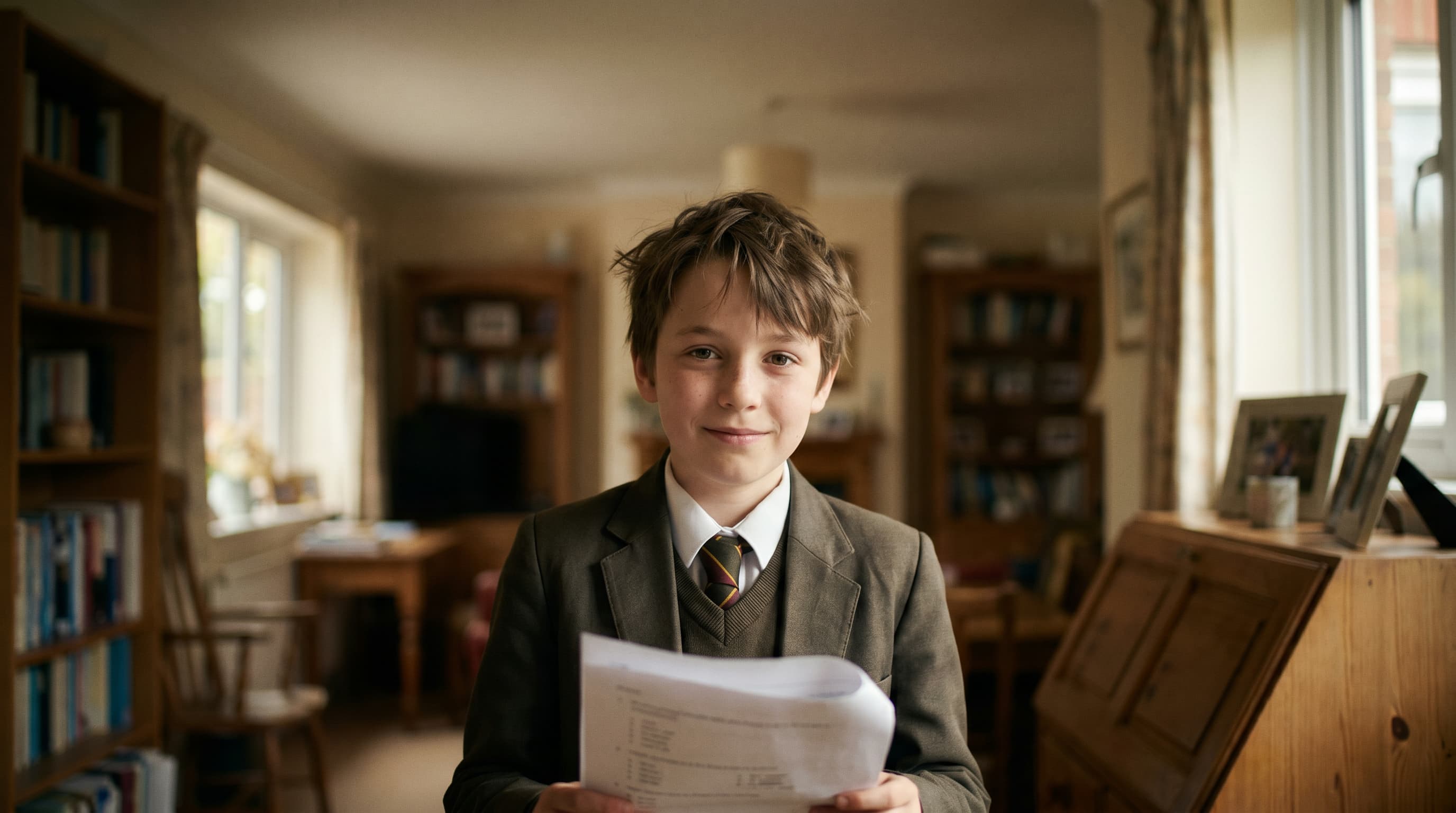 An 11-year-old British child at end of Year 6 looks directly into the camera with a tired-but-relieved half-smile, soft late-spring light, school uniform partially visible.