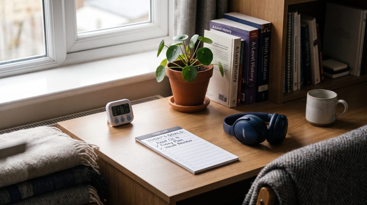 A calm, organised study desk by a window with a timer and headphones, set up for focused ADHD-friendly tutoring