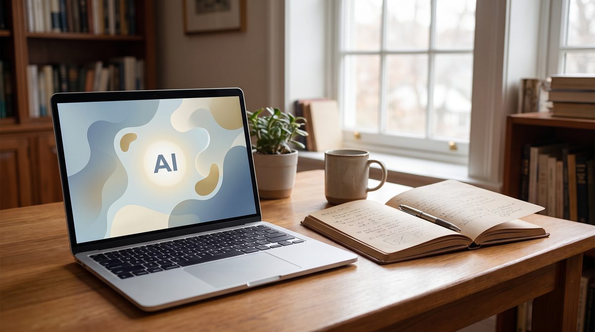 A laptop showing an AI tutoring interface beside an open notebook, comparing AI and human tutoring in 2026