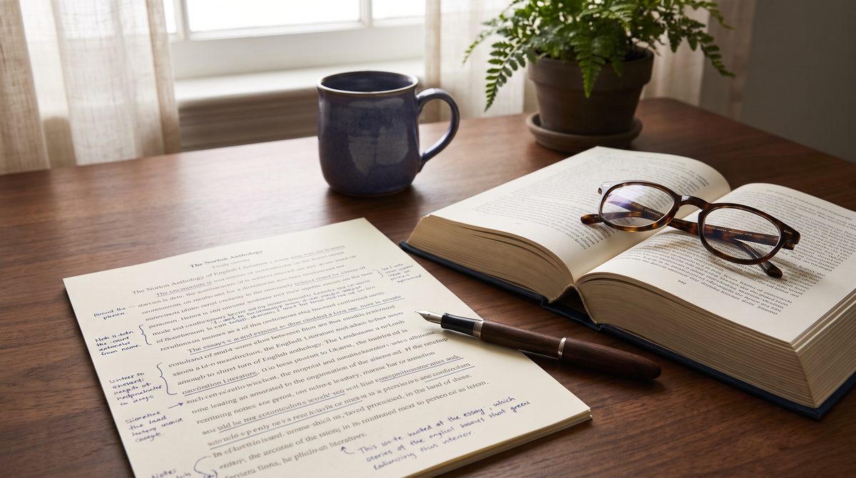 An annotated English essay and open book with a fountain pen, comparing AQA and Edexcel English specifications