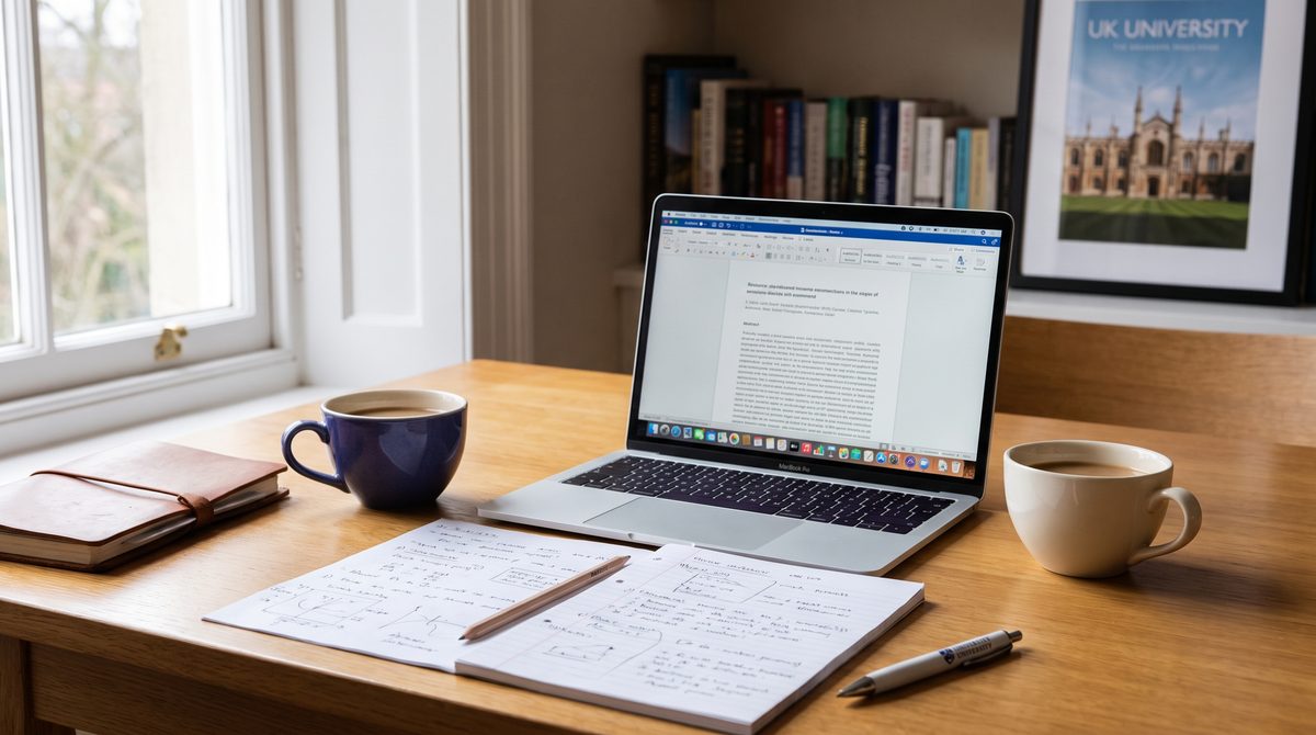 A desk with a laptop, coffee and handwritten research notes, comparing a dissertation tutor and a university supervisor