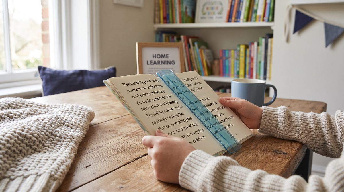 Parent and child reading together at home with a coloured reading ruler, illustrating multisensory dyslexia tutoring support