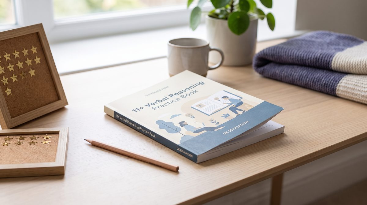 An 11+ verbal reasoning practice book and pencils on a bright desk — a complete guide to the Essex CSSE eleven plus