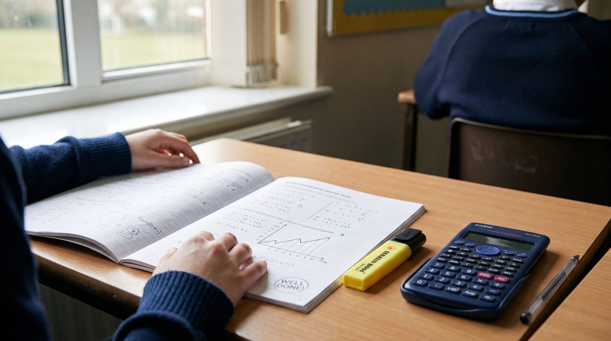 A student working through GCSE maths problems with a calculator and highlighter, progressing from grade 4 to grade 7