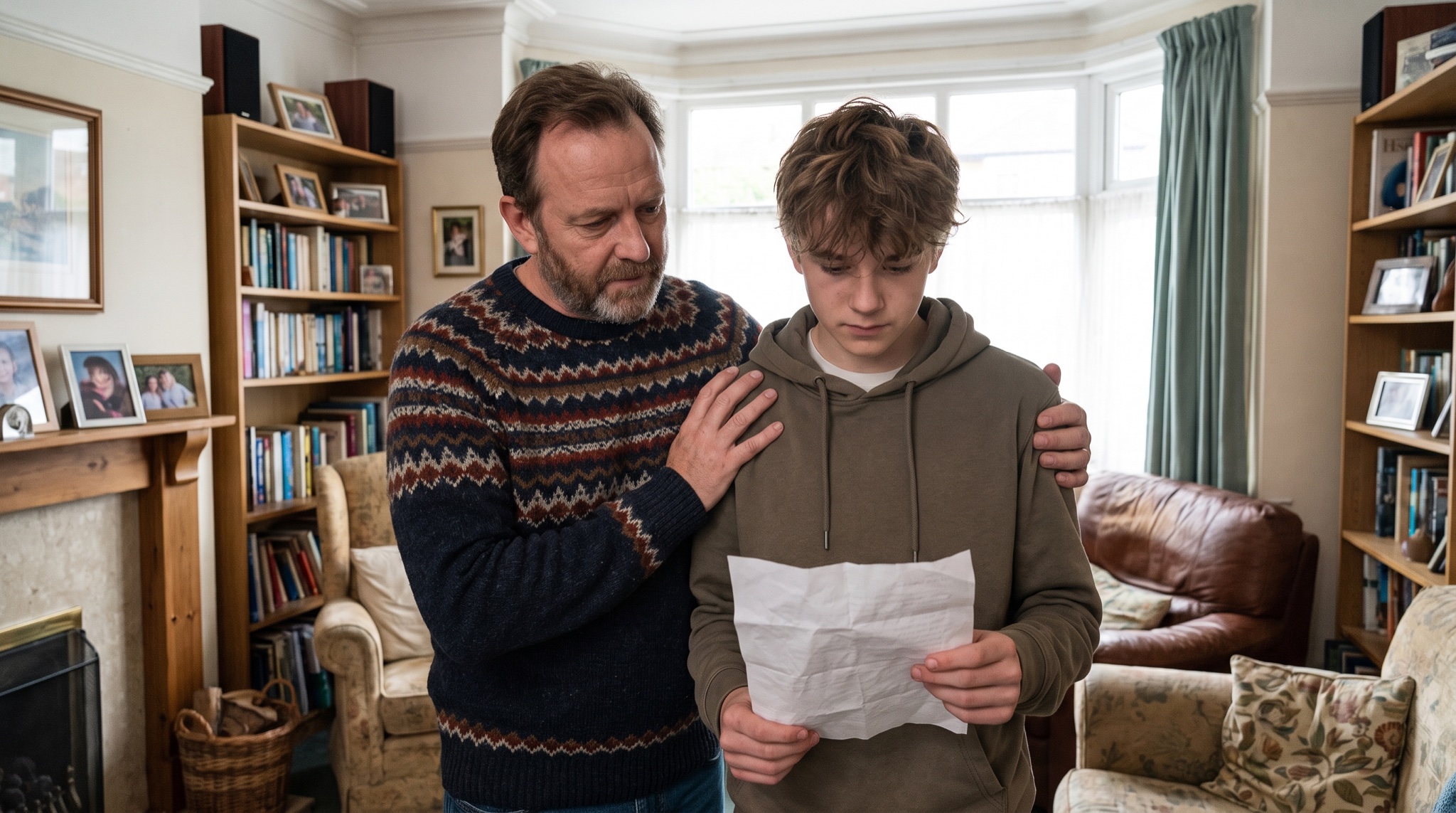 A British father reassures his teenage son on the sofa on GCSE results morning, the results slip in the boy's hand