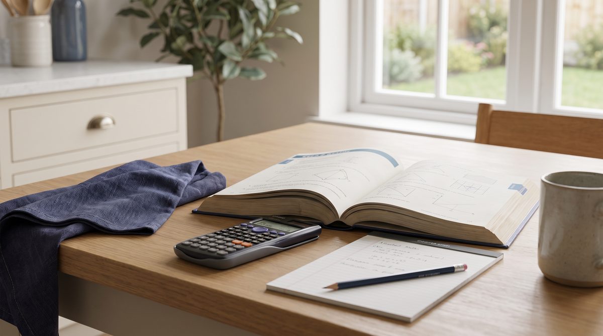 An open GCSE maths workbook, calculator and pencil on a desk, illustrating how to choose the right GCSE maths tutor