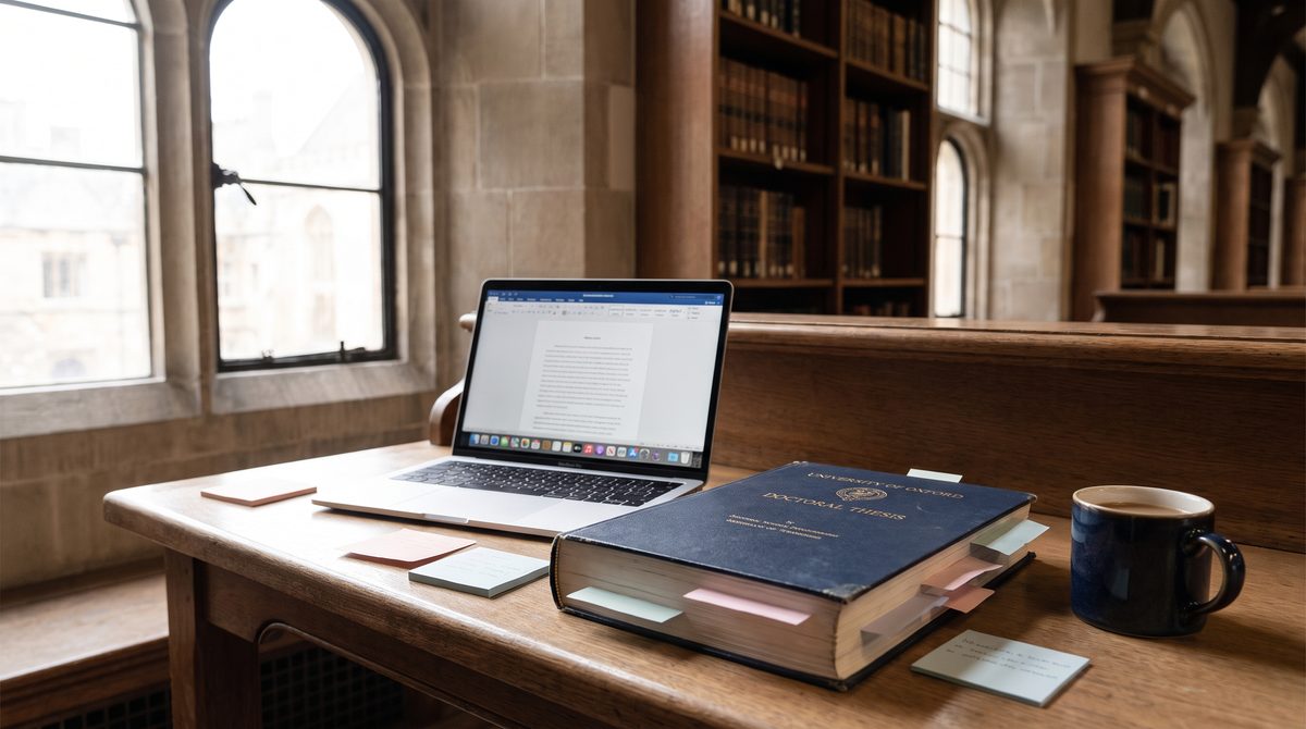 A university student's laptop and dissertation notes on a library desk, weighing whether a dissertation tutor is worth it