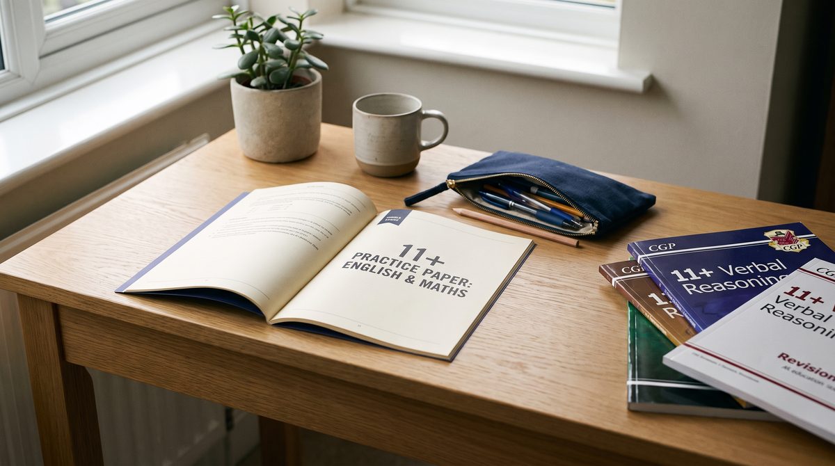 11+ practice papers and a pencil case on a desk by a window — a parent's guide to the Kent Test