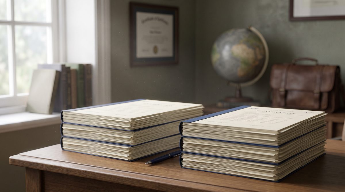Two neat stacks of exam revision papers on a desk, comparing the OCR and AQA exam boards