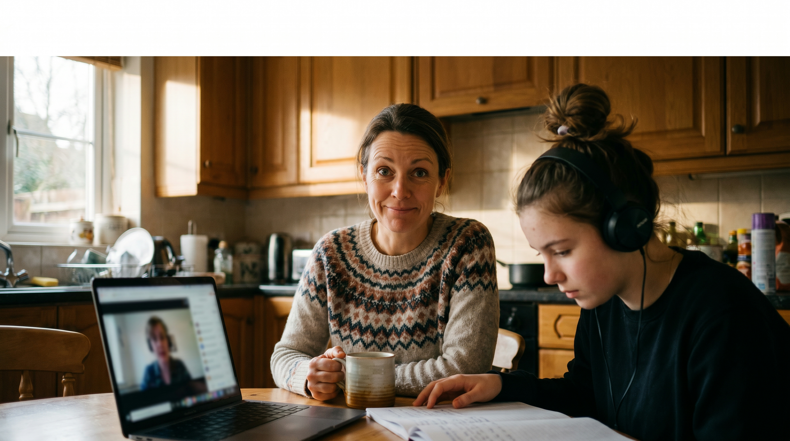 A British mother and her teenage daughter at their kitchen table — the mother looking at the camera with a small surprised smile, the daughter beside her looking at a laptop showing a video tutoring session.
